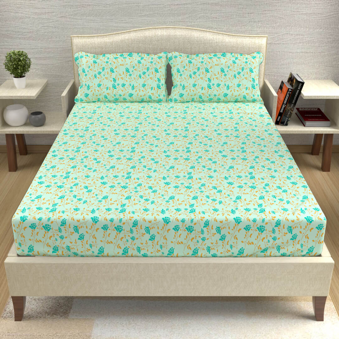 buy aqua green floral roses cotton double bed bedsheets online – front view